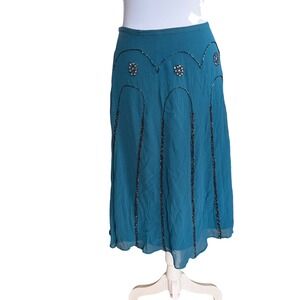 Context Teal Blue 100% Silk VTG Beaded Floral Midi Skirt Womens Size 10 RN 13711